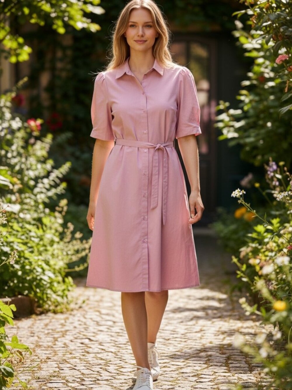 Van Ake Dress Cotton Pink S Shirt Dress Belted Short Sleeve Collared